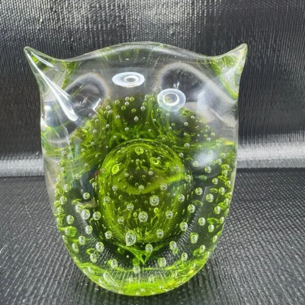 Hand Blown Venetian Art Glass‎ Owl Bird Paperweight Figurine Green Bubbles Italy